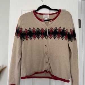 Christopher & Banks Beige Cardigan with Red and Black Diamond Pattern